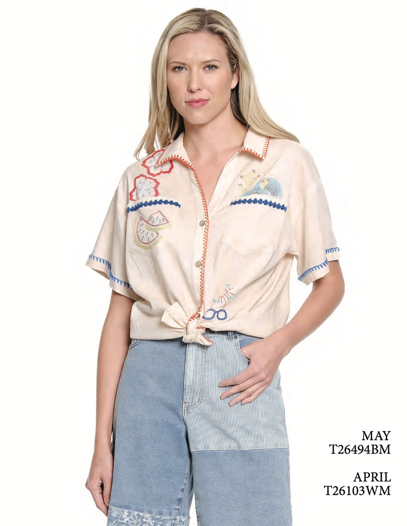 Tru Luxe - V- COLLAR BUTTON FRONT SHIRT WITH EMBROIDERY
