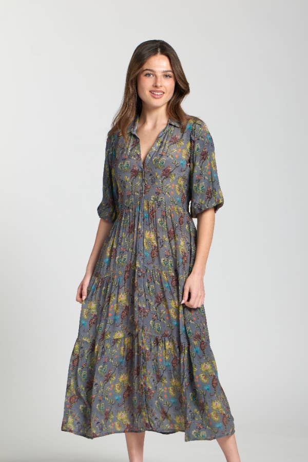 APNY - Long Tiered Dress With Elbow Sleeves - Grey Multi