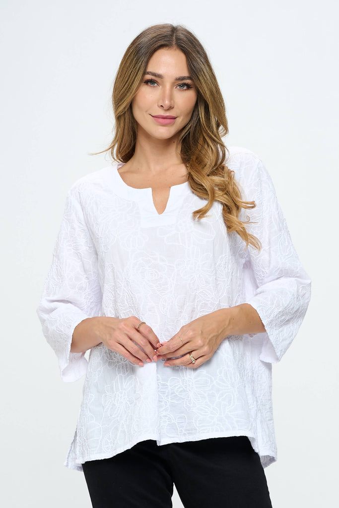 Focus Fashion - Cotton Voile Embroidery 3/4 Sleeve Blouse