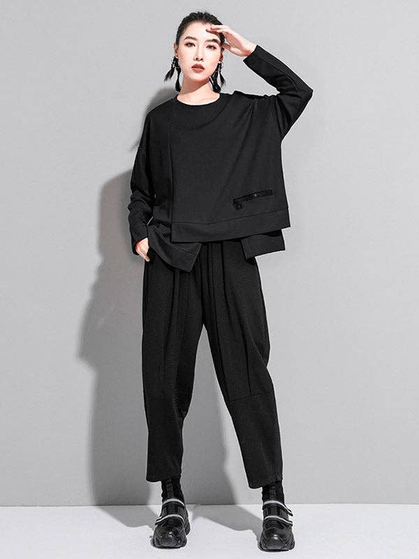 Sheer Trend - Solid Color Asymmetric T-Shirt w/Zipper