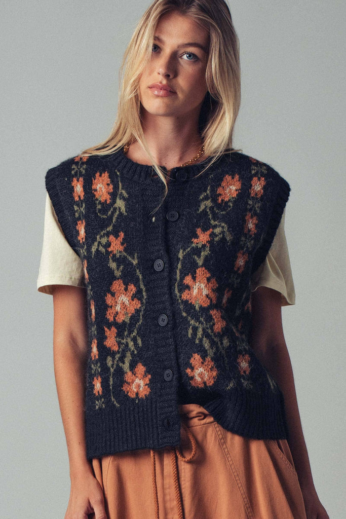 Urban Daisy - Floral Knit Button-Up Sweater Vest