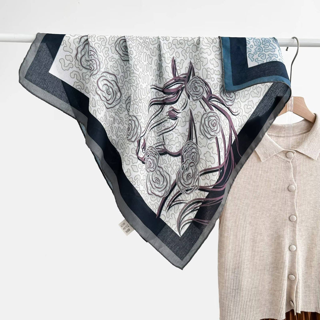 Winding River - Turq Rose Horse Reversible Square Double Sided Scarf