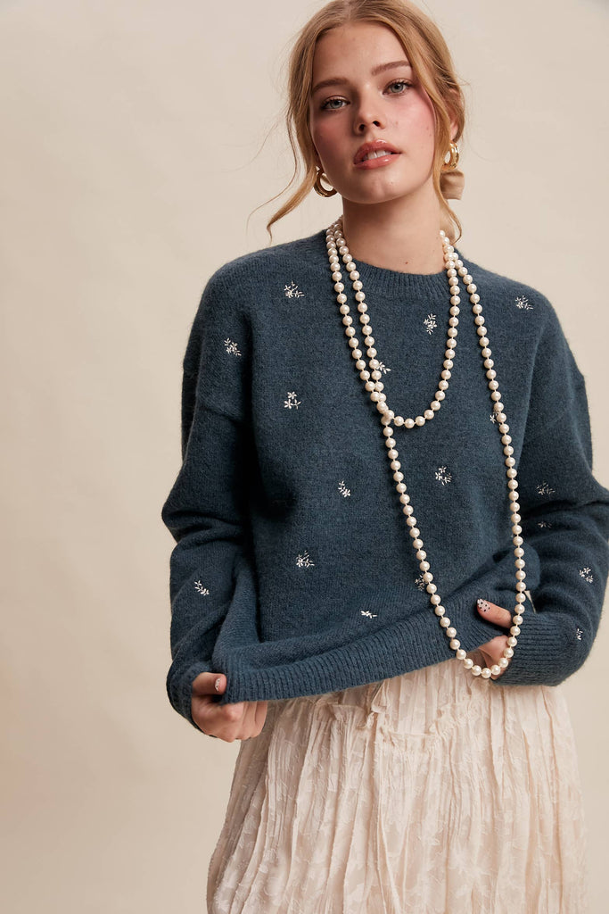 Listicle - Embroidered Floral Dot Knit Sweater