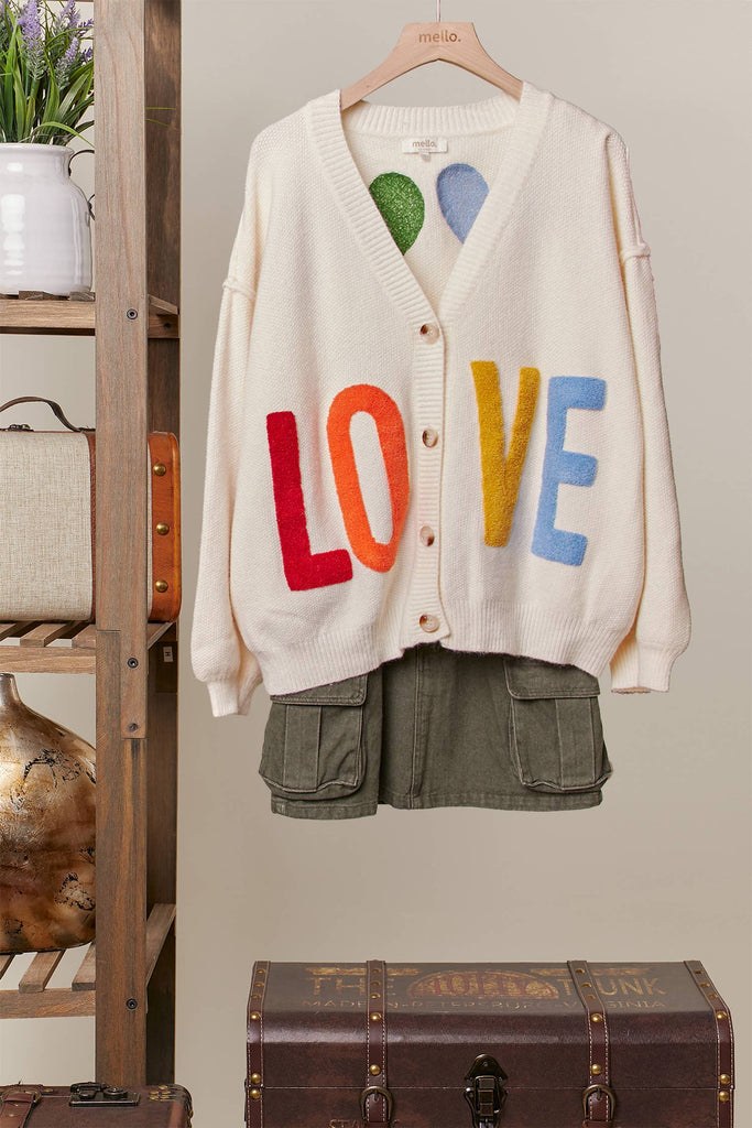 Mello - Love Lettering Heart Patchwork V Neck Cardigan