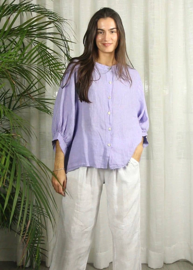 Linen & More Band Collar Linen Blouse