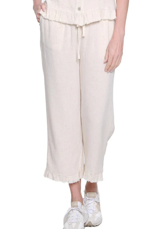 Multiples Drawstring Ruffle Hem Crop Pant- Flax