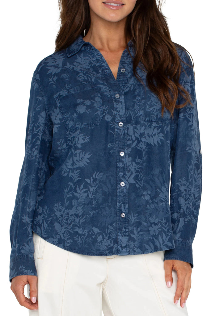 Liverpool Rolled Sleeve Printed Top- Indigo