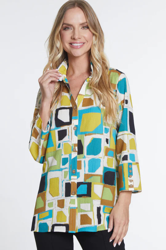 Multiples Wire Neck Multi Print Button Down Top