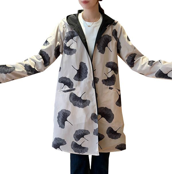 Winding River Black / Cream Ginkgo Reversible Zipper Hooded Rain Coat