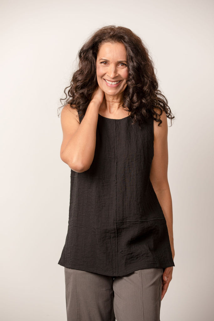 Black , sleeveless, long tunic top with hemline down the front.  