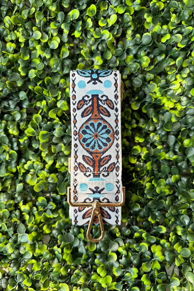 MiMi Boho Floral Pattern Adjustable Guitar Strap -Tan / White