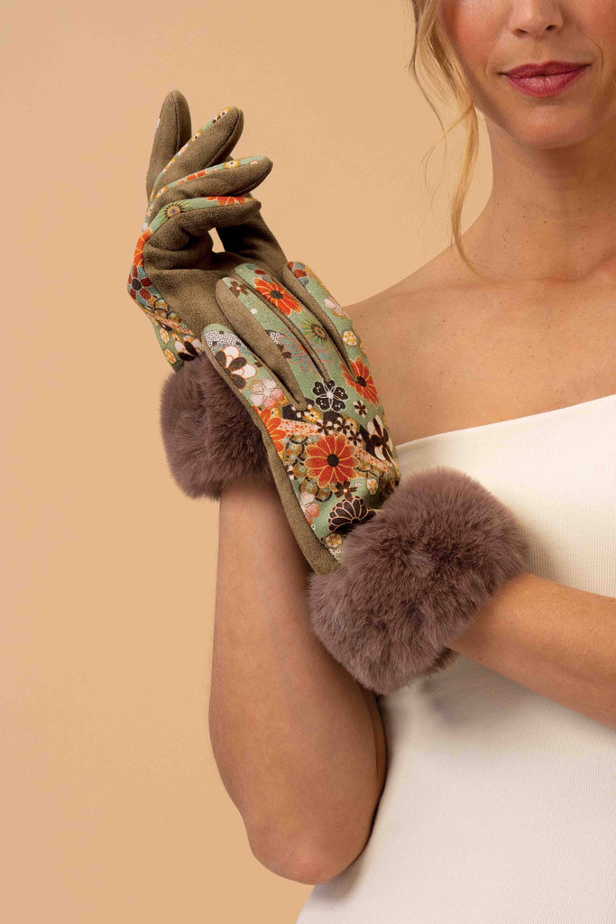 Powder Design inc - Bernadette 70s Floral Kaleidoscope Gloves - Olive & Rust