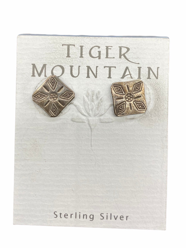 Tiger Mountain Sterling Silver Square Studs with Four Point Flower Detail Earrings