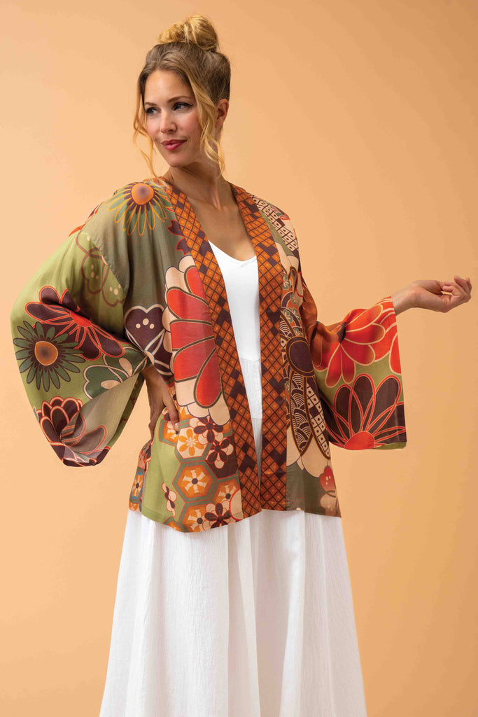 Powder Design inc - 70s Kaleidoscope Floral Kimono Jacket in Sage