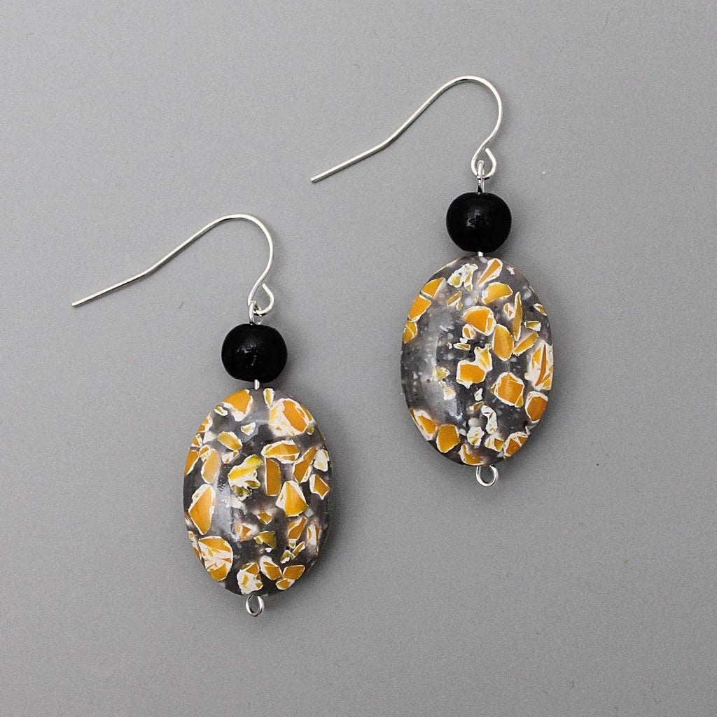 Sylca Designs - Gray and Yellow Granite Oval Earrings